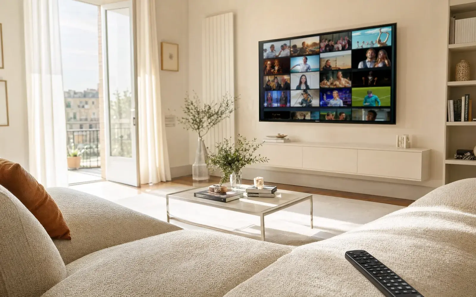 Salotto italiano luminoso di giorno con una grande Smart TV che mostra una griglia ordinata di canali, l’alternativa curata alle liste IPTV M3U gratis con calcio, film e serie