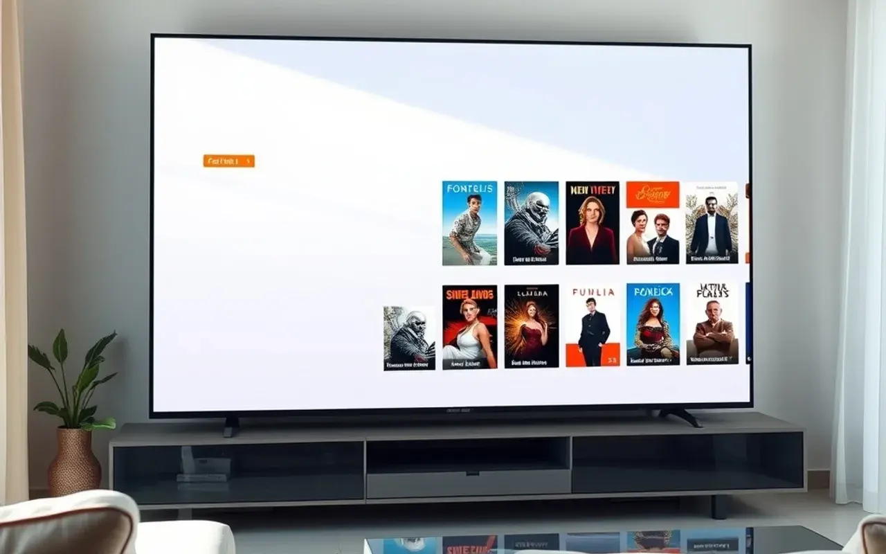 Grande schermo in un salotto chiaro che mostra una griglia pulita di canali in diretta e copertine di film, illustrando una liste IPTV M3U ordinata