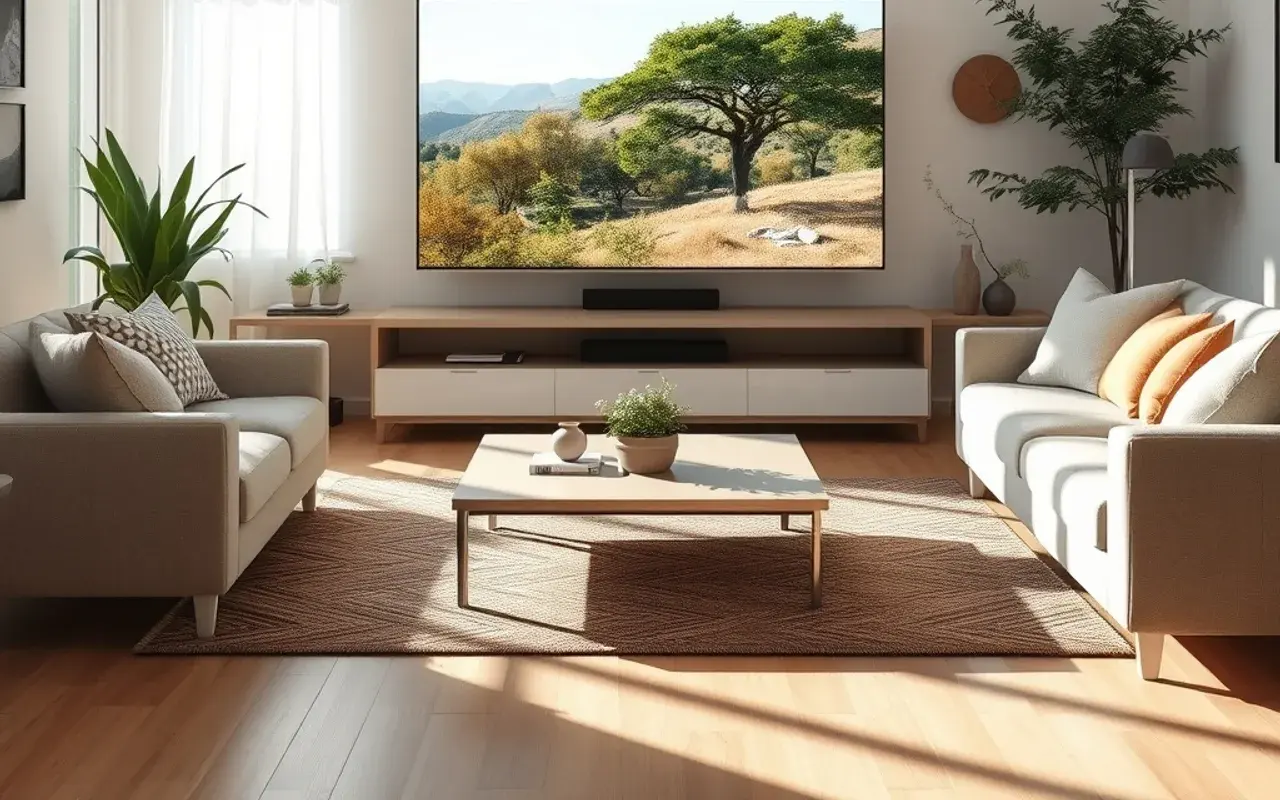 Grande televisore in un salotto luminoso che mostra un’immagine nitida in alta definizione, illustrando la qualità di una liste IPTV