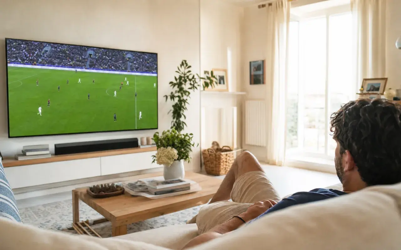 Salotto italiano chiaro con un grande televisore che trasmette una partita di calcio in diretta, illustrando il calcio incluso in una liste IPTV