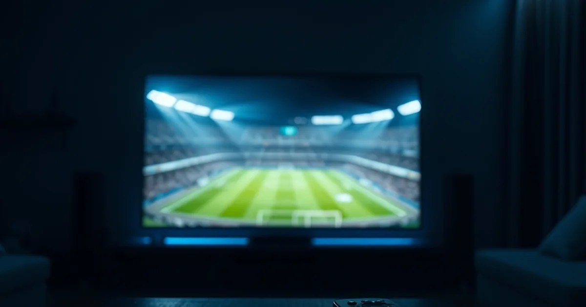 Salotto buio illuminato dalla luce di una TV che trasmette una partita, telecomando in primo piano su un tavolo scuro