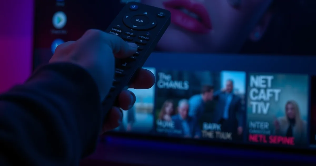 Telecomando puntato verso una Smart TV con schermata a griglia di app IPTV, atmosfera scura e cinematografica