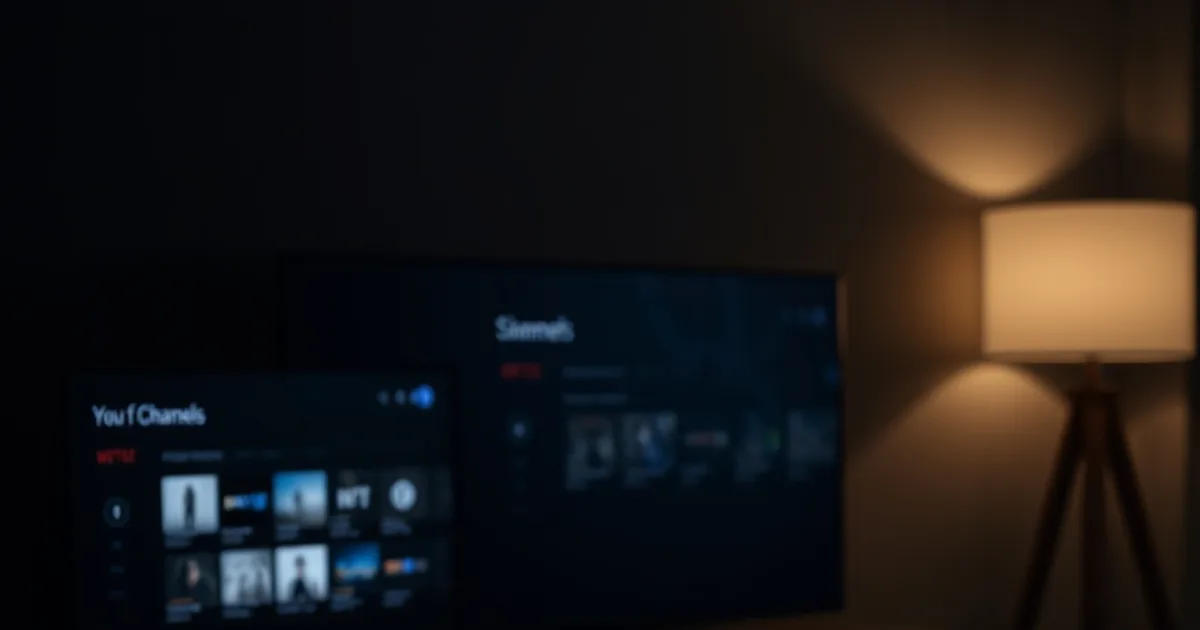 Tre schermi diversi — smart TV, box streaming e smartphone — accesi al buio con interfacce di canali IPTV illuminate di blu