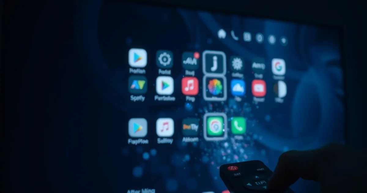 Telecomando puntato verso una Smart TV al buio con icone di app che svaniscono in particelle digitali, atmosfera cinematica blu scura