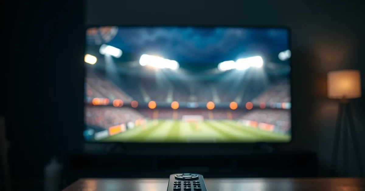 Salotto buio con televisore che proietta il bagliore di uno stadio di calcio notturno, telecomando in primo piano sul tavolino