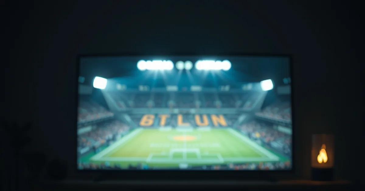 Salotto buio illuminato dalla luce di uno schermo che trasmette una partita di calcio in streaming di sera