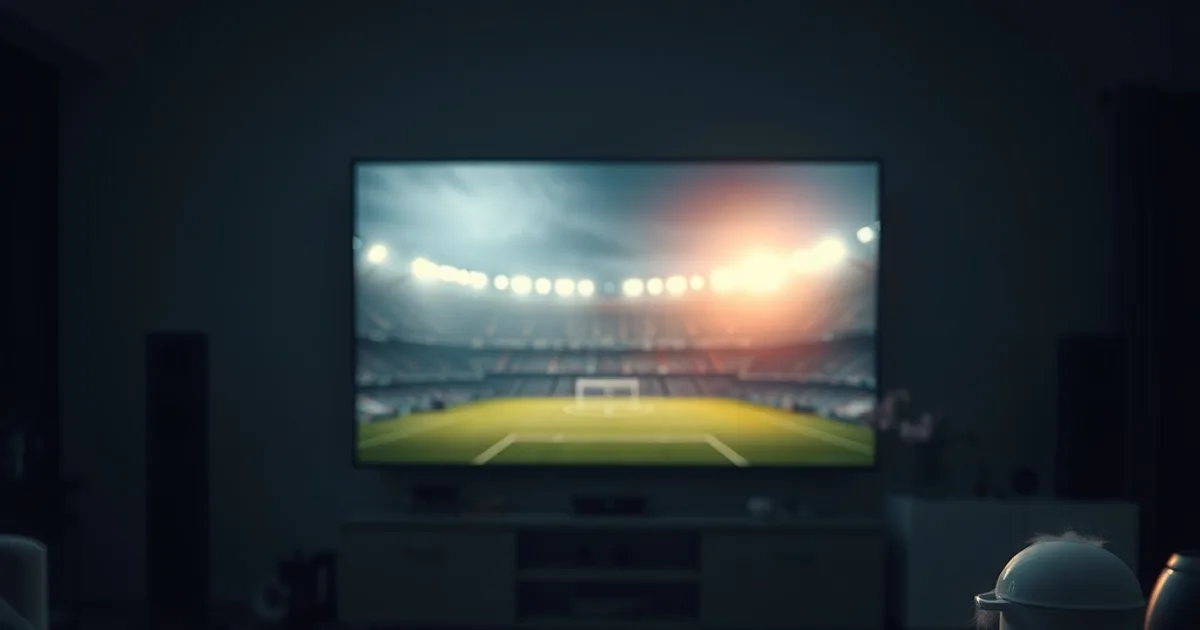 Salotto buio illuminato solo dalla luce di uno schermo TV che mostra il bagliore di uno stadio di calcio, atmosfera notturna e cinematografica