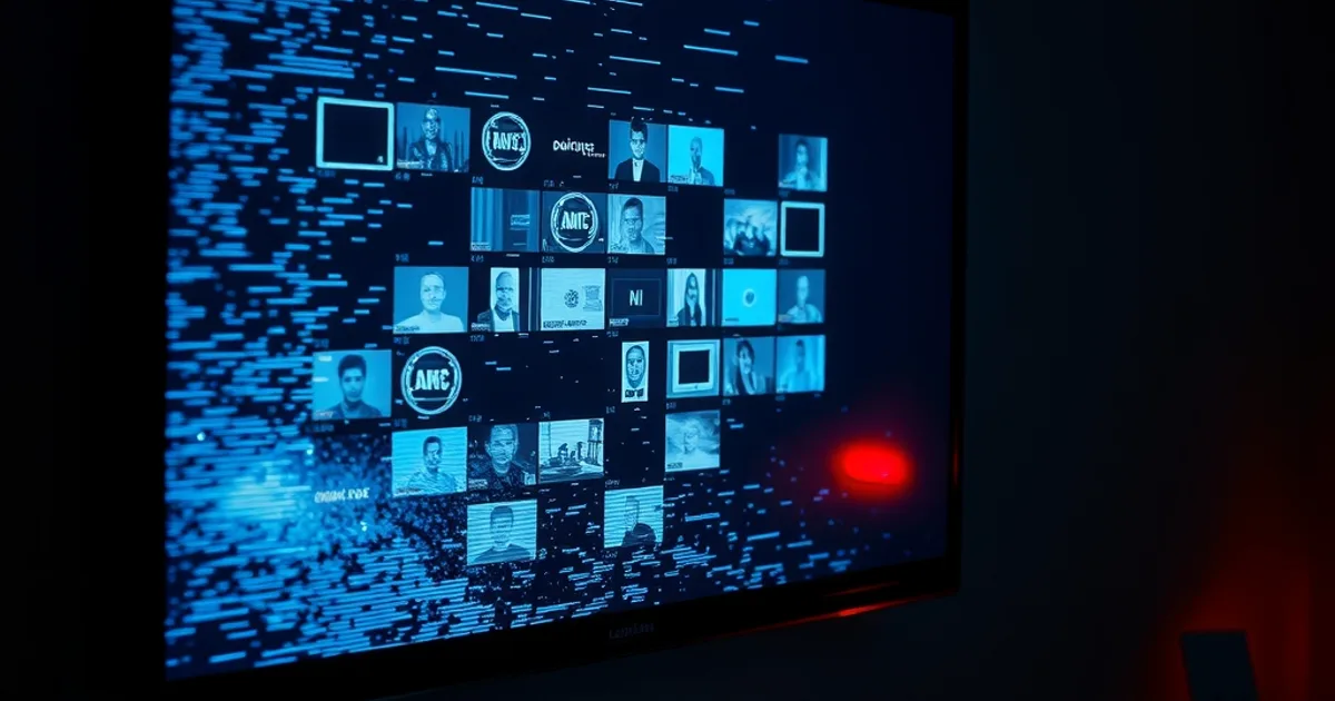 Schermo TV con una griglia di canali che si spegne in interferenza, tra luce blu fredda e bagliore rosso, in una stanza buia.