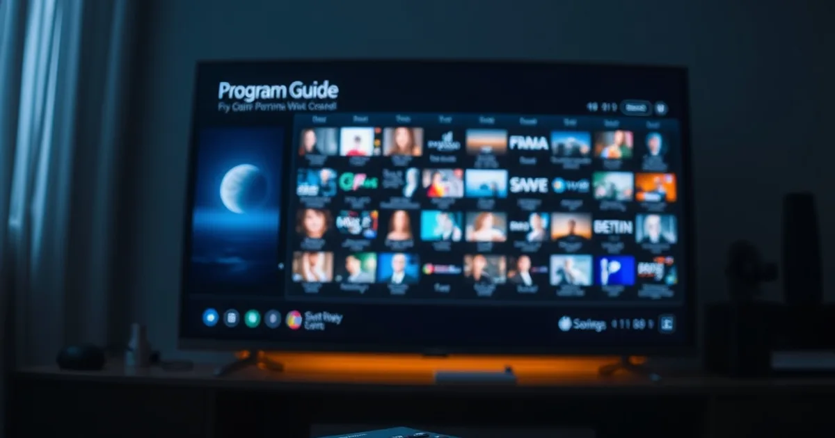 Schermo TV acceso al buio con una griglia di guida programmi elettronica luminosa in primo piano