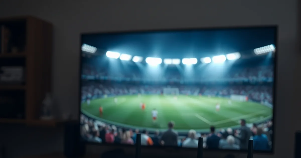 Router con luci LED accese in una stanza buia, con un cavo Ethernet collegato verso una TV che trasmette in sottofondo una partita di calcio