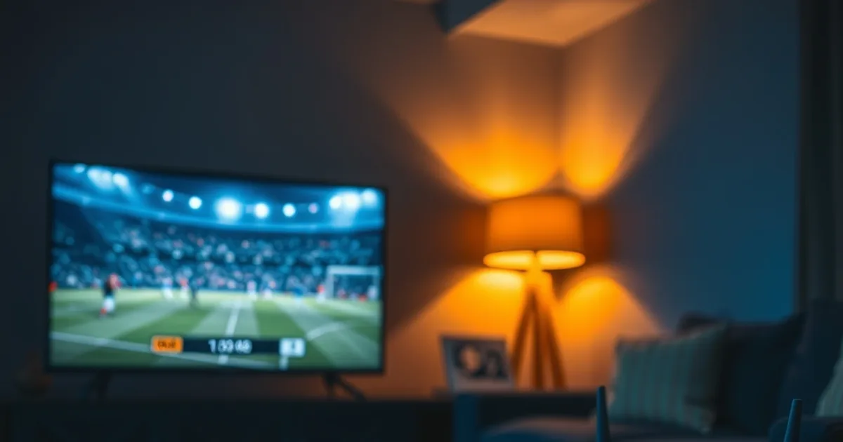 Soggiorno buio illuminato dallo schermo TV con icona di caricamento durante una partita, router e cavo ethernet scollegato in primo piano