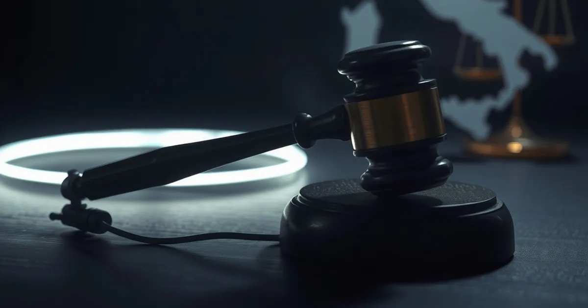 Un martelletto da giudice accanto a un cavo in fibra ottica illuminato, con una mappa dell'Italia sfocata sullo sfondo, a simboleggiare la legalità dell'IPTV e l'enforcement AGCOM