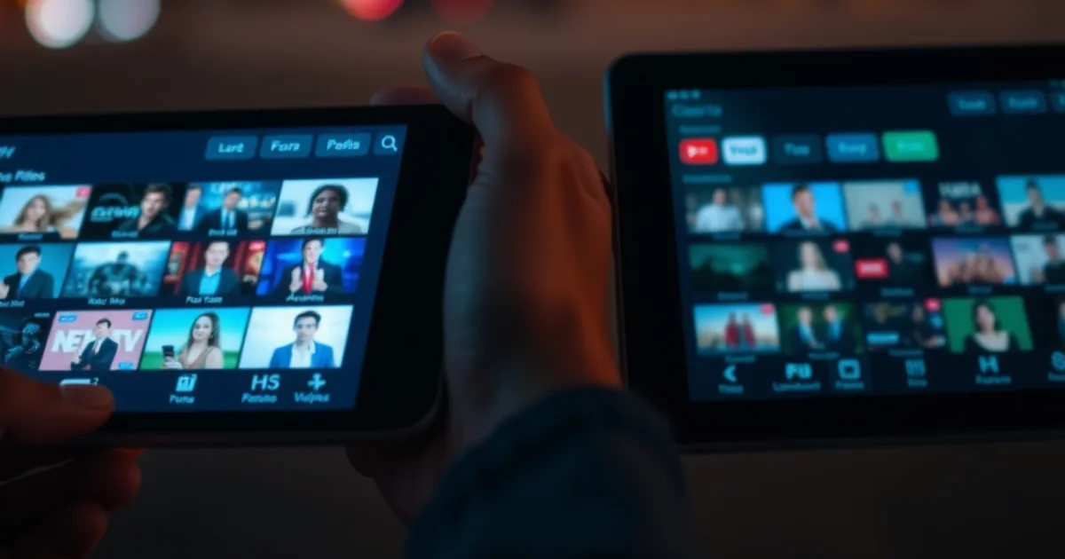 Mano che tiene uno smartphone e un tablet accesi al buio, con schermi che mostrano una griglia di canali TV in streaming