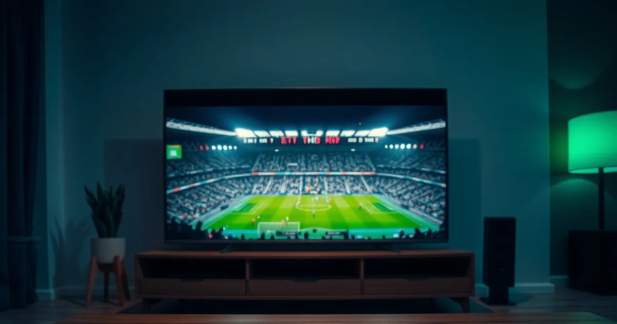 Salotto in penombra con una TV accesa su una partita di calcio e uno smartphone con una lista di canali sul tavolino