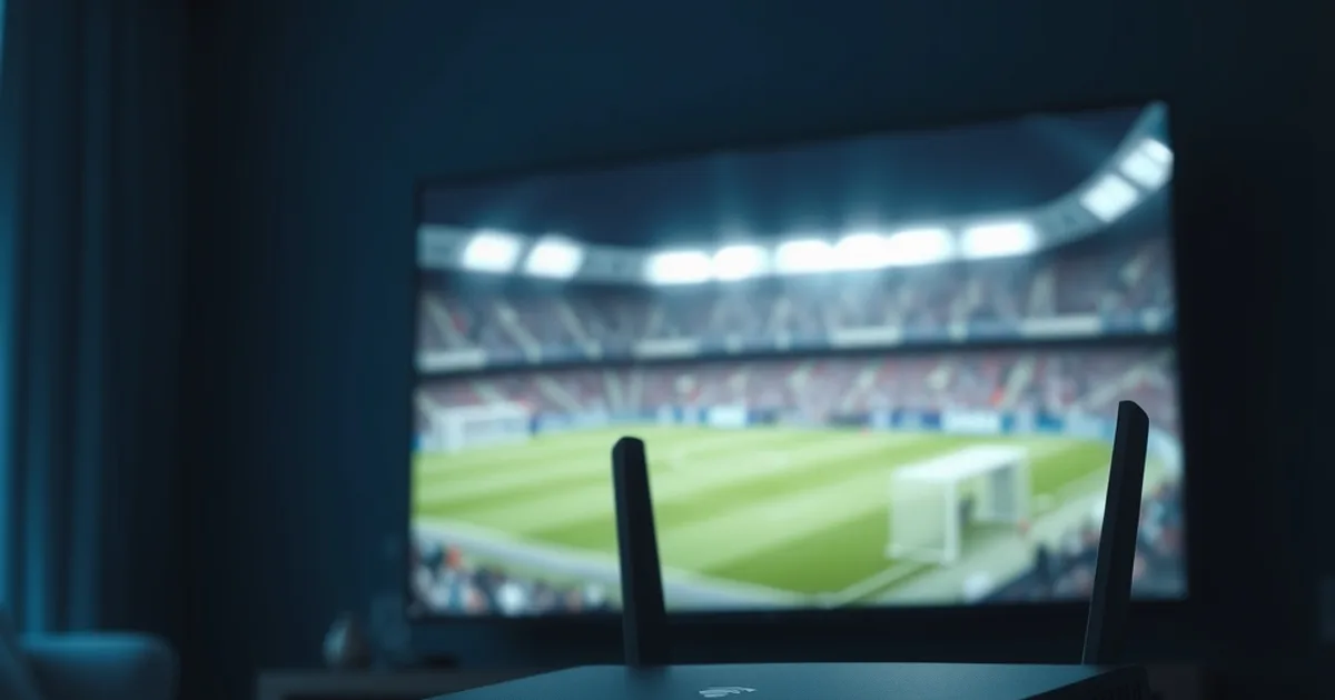 Router domestico con luci di stato accese al buio, sullo sfondo una TV che mostra una partita di calcio in 4K leggermente sfocata da un freeze di buffering.