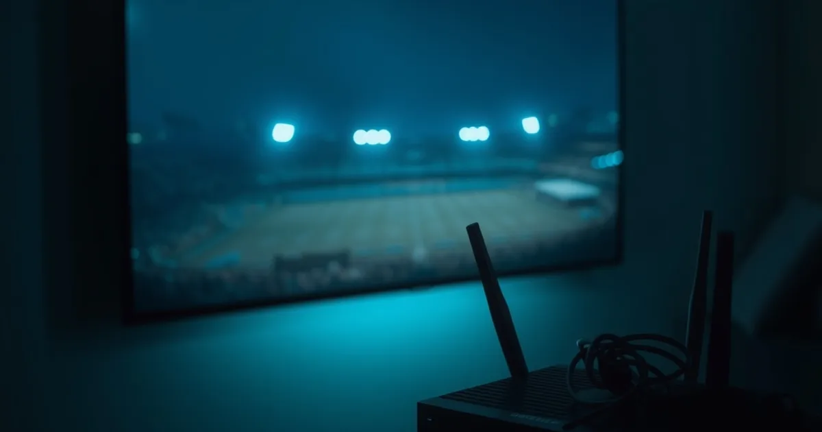 Schermo TV che si aggiorna nel buio, con il bagliore di uno stadio di calcio riflesso e un router acceso in primo piano