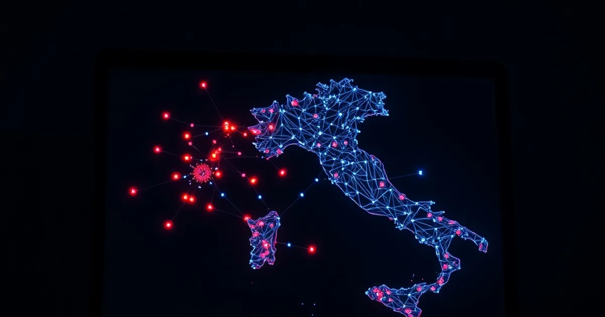 Schermo di un laptop in una stanza buia che mostra una mappa a rete dell'Italia con nodi bloccati in rosso che si diffondono e alcuni nodi blu ancora stabili, atmosfera cinematografica scura