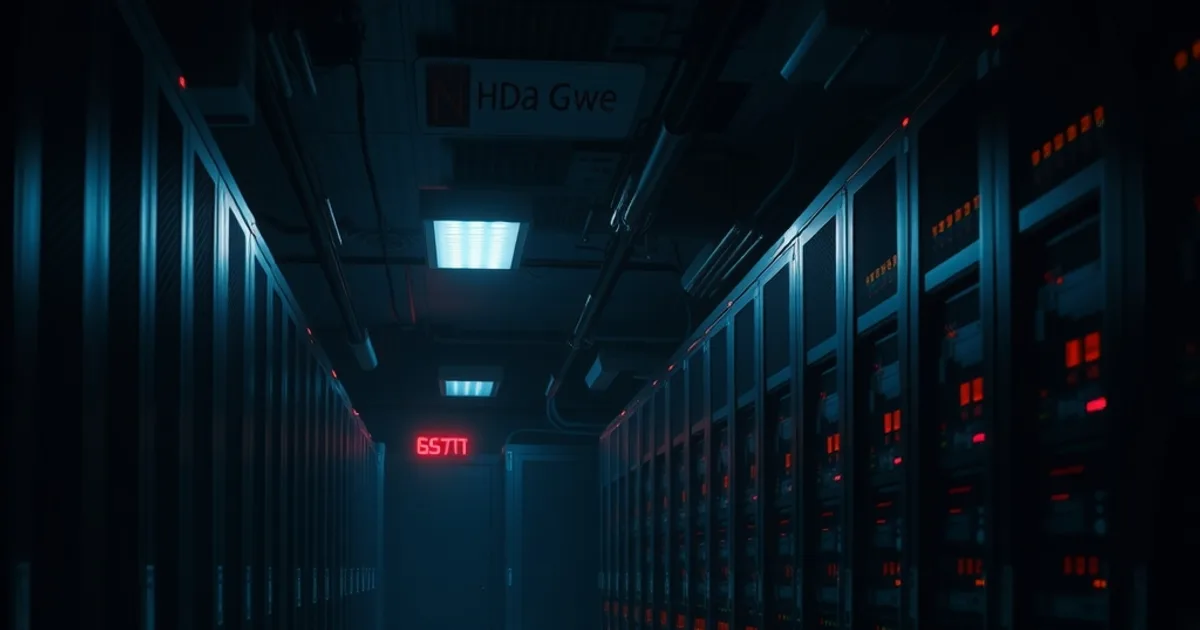 Corridoio di server con luci di stato che si spengono in sequenza, atmosfera scura e cinematografica che rappresenta i blocchi automatici delle liste IPTV