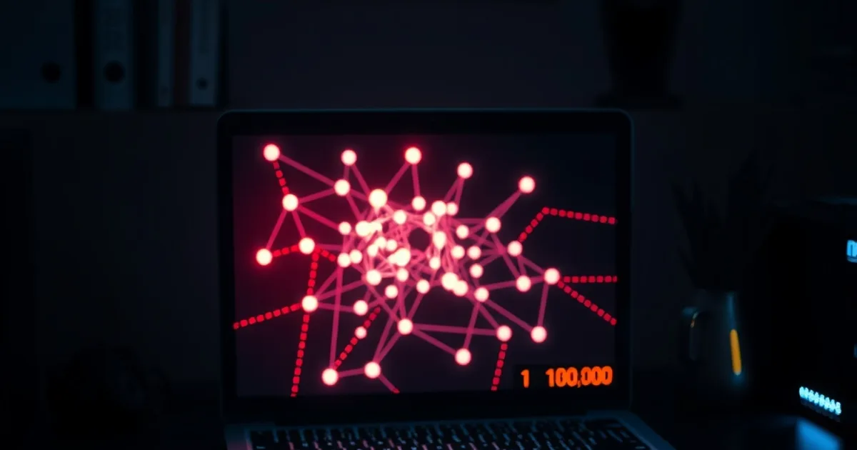 Scena notturna con laptop che mostra una mappa di rete con connessioni interrotte, atmosfera scura e cinematografica