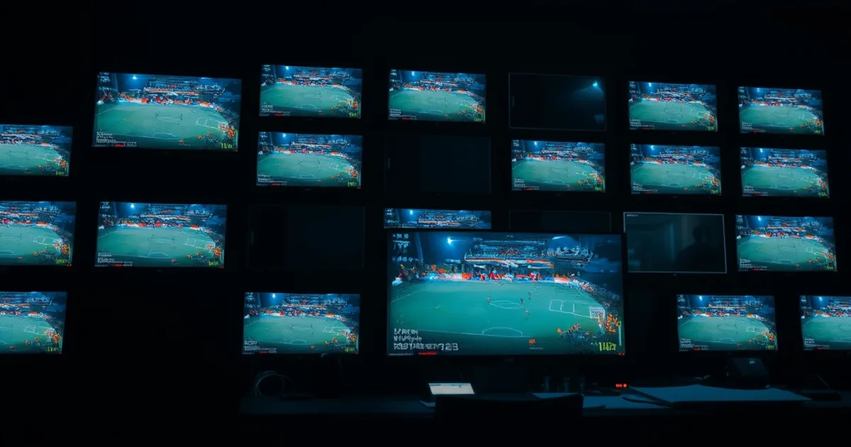 Sala controllo scura con schermi che trasmettono una partita di calcio e alcuni monitor che si spengono in sequenza, a simboleggiare il blocco progressivo dei canali
