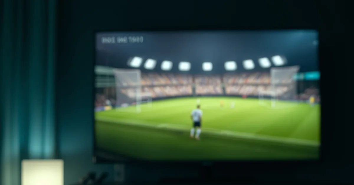 Salotto in penombra con TV accesa su una partita di calcio e router con luci di stato in primo piano, atmosfera cinematografica scura