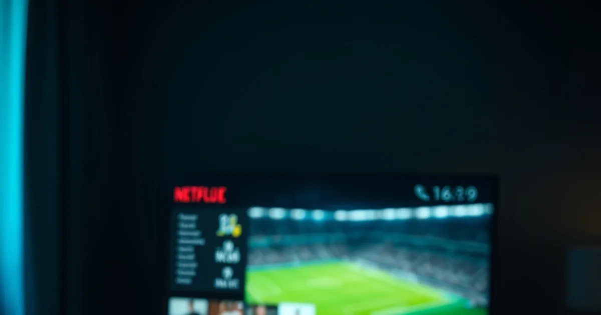Schermata TV al buio con griglia di canali IPTV e una partita di calcio in diretta, atmosfera cinematografica scura