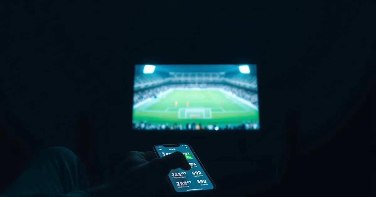 Tifoso seduto al buio davanti alla TV, illuminato dalla luce blu dello schermo durante una partita, con lo smartphone in mano