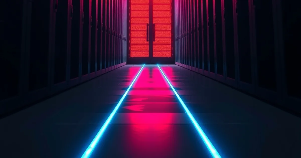 Corridoio buio di un data center con cavi in fibra ottica illuminati di blu che convergono verso un varco bloccato da una porta metallica con luce rossa