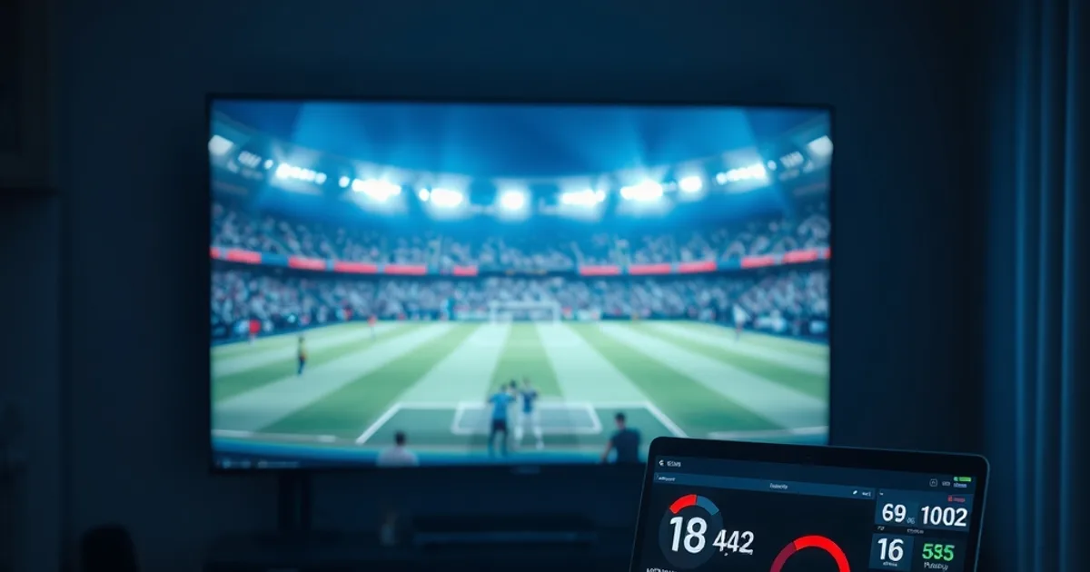 Salotto buio con TV che trasmette una partita di calcio dal vivo e laptop in primo piano con grafici di uptime e latenza dello streaming