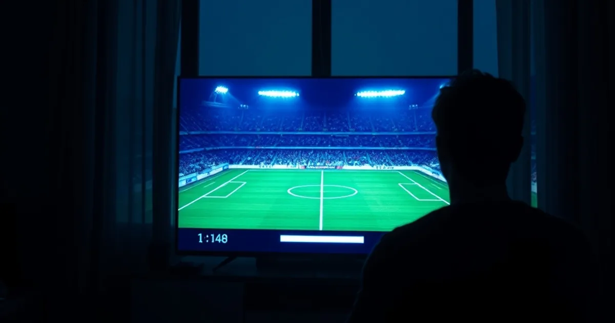 Schermo TV bloccato dal buffering in un salotto buio, con le luci di uno stadio visibili in lontananza dalla finestra