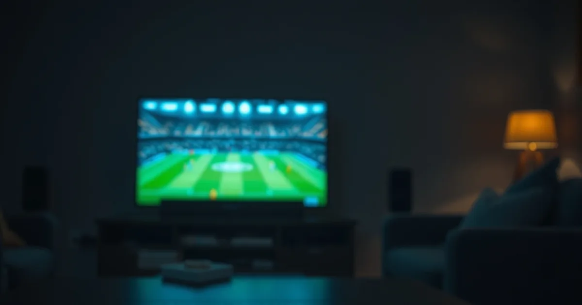 Salotto buio illuminato dal bagliore di una TV con una partita di calcio sfocata sullo sfondo, smartphone e monete su un tavolo in primo piano