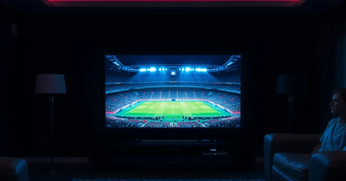 Salotto buio illuminato dalla luce blu di una TV che trasmette una partita di calcio in uno stadio illuminato, con smartphone e telecomando su un tavolino in primo piano